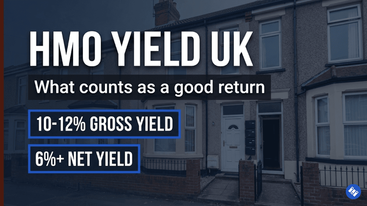 A terraced house typical of UK HMO property, overlaid with PF Blue branding and HMO yield data points