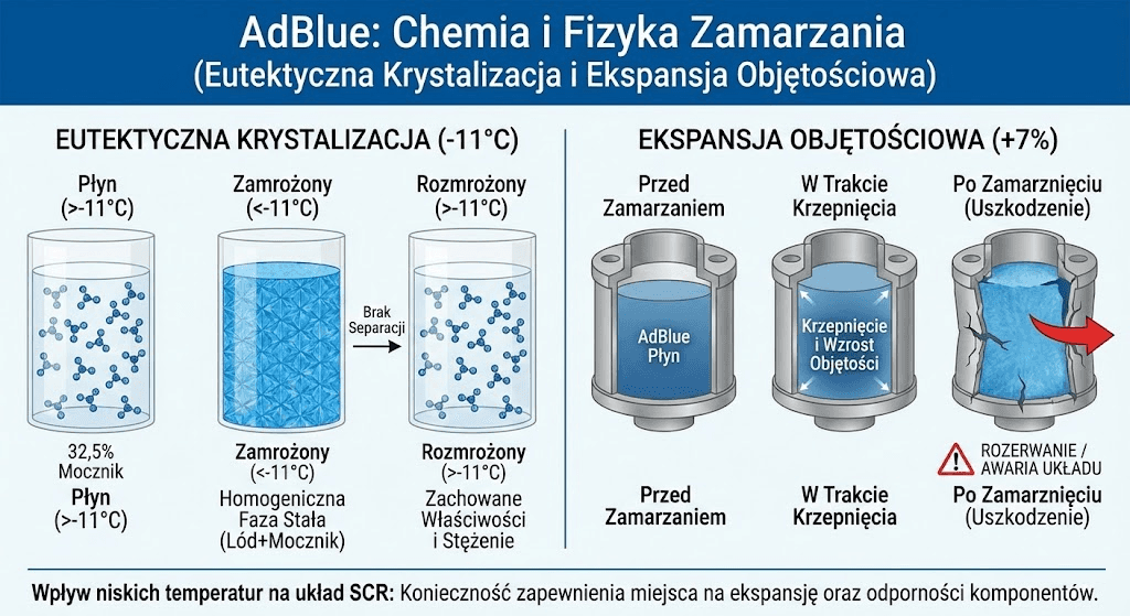Infografika prezentująca proces krystalizacji AdBlue przy −11°C oraz skutki ekspansji objętościowej, która może prowadzić do pęknięć zbiorników i uszkodzeń układu SCR. Obraz wyjaśnia zachowanie roztworu mocznika w niskich temperaturach oraz znaczenie pozostawienia przestrzeni na zwiększenie objętości podczas zamarzania.