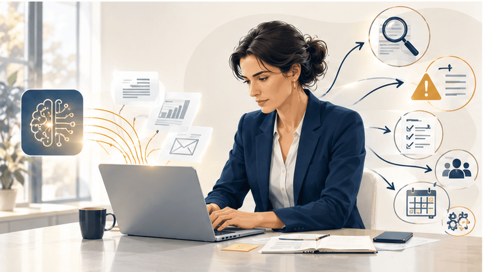 Une professionnelle utilise une intelligence artificielle tandis que de nouvelles tâches de vérification et de coordination apparaissent autour de son activité.