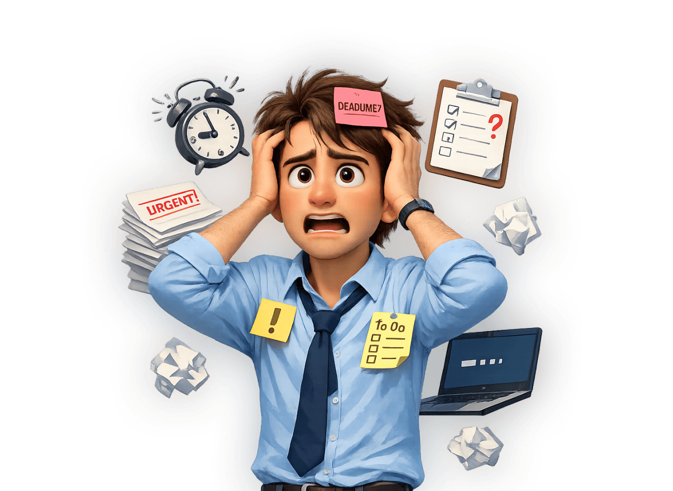 Overwhelmed character surrounded by urgent tasks, deadlines, and errors.