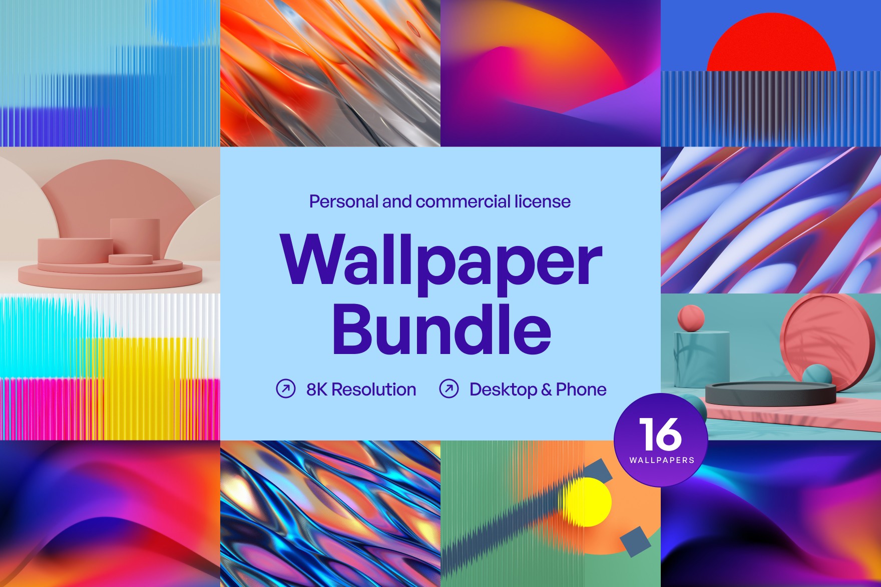 Wallpaper Bundle Overview - Image showcasing a mix of Abstract Realms, FrostyGlass, Midnight Mist, and LiquidChrome wallpapers. Mesmerizing designs optimized for desktop and mobile, offering surreal and minimalist aesthetics in stunning 8K resolution.