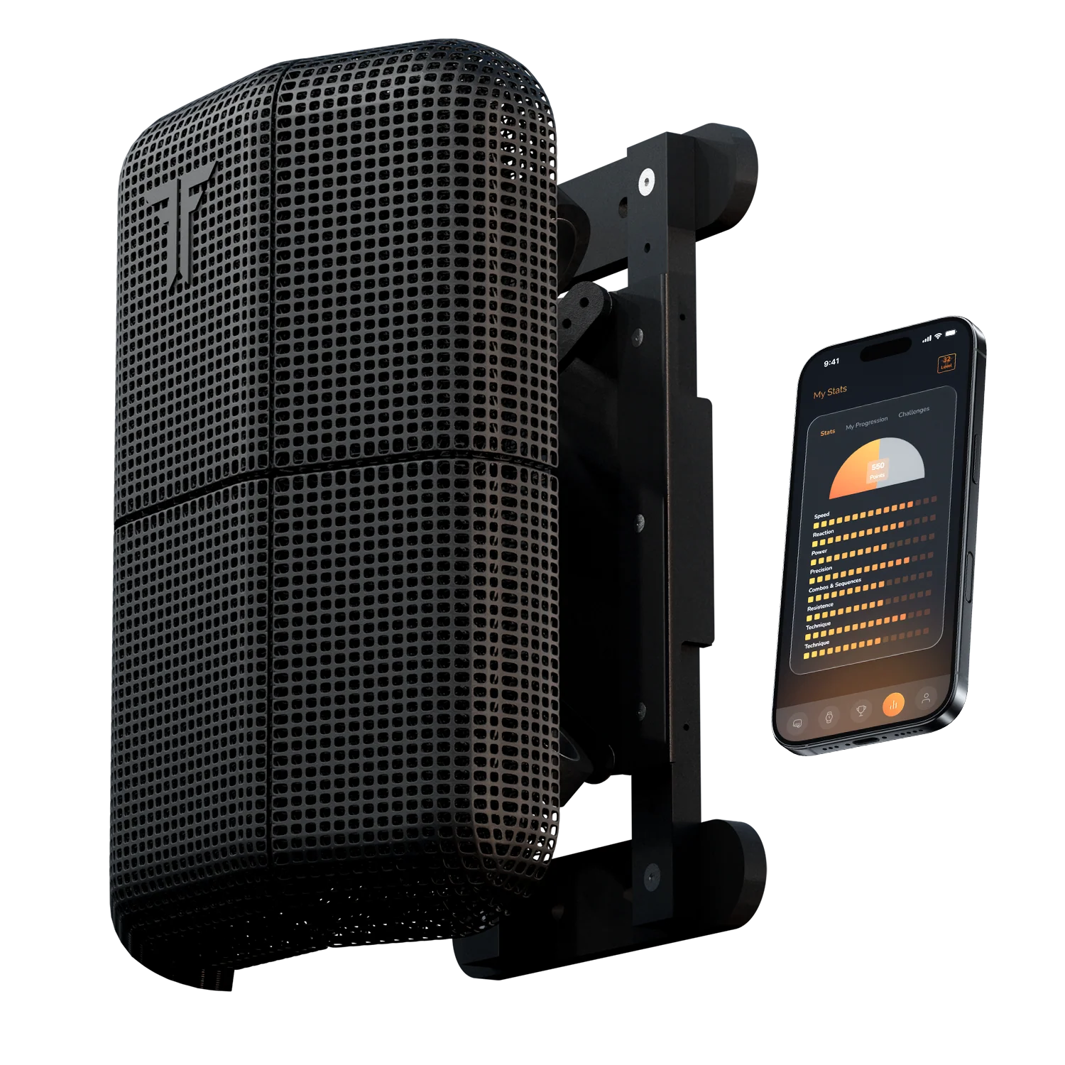 Fighter Foundry Strike-Pad wall-mounted smart striking system with 3D-printed lattice surface and Strike-App displaying real-time performance stats on iPhone