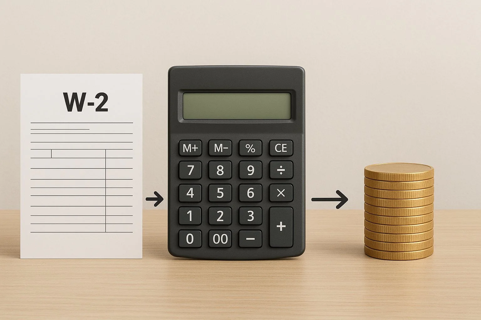 Step-by-step illustration showing a W-2 form, a calculator, and a stack of coins, representing the calculation of compensation multiplied by employer contribution percentage.