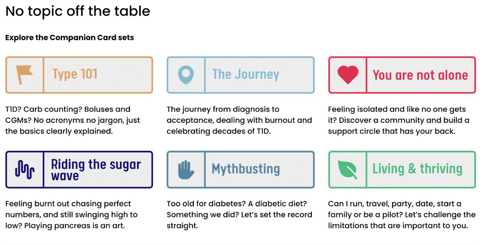 Six companion card categories including Type 101, The Journey, Mythbusting, and Living and Thriving