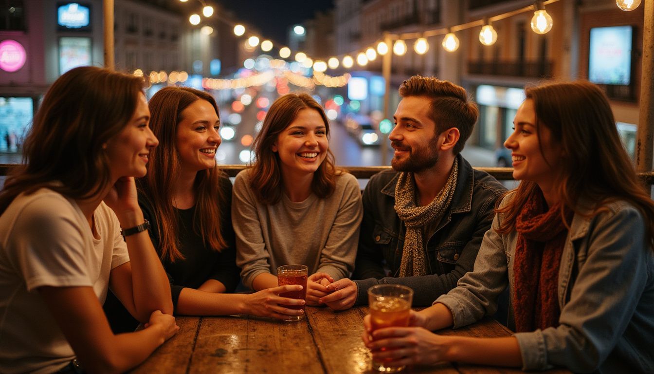A group of friends enjoys cocktails on a lively rooftop terrace.
