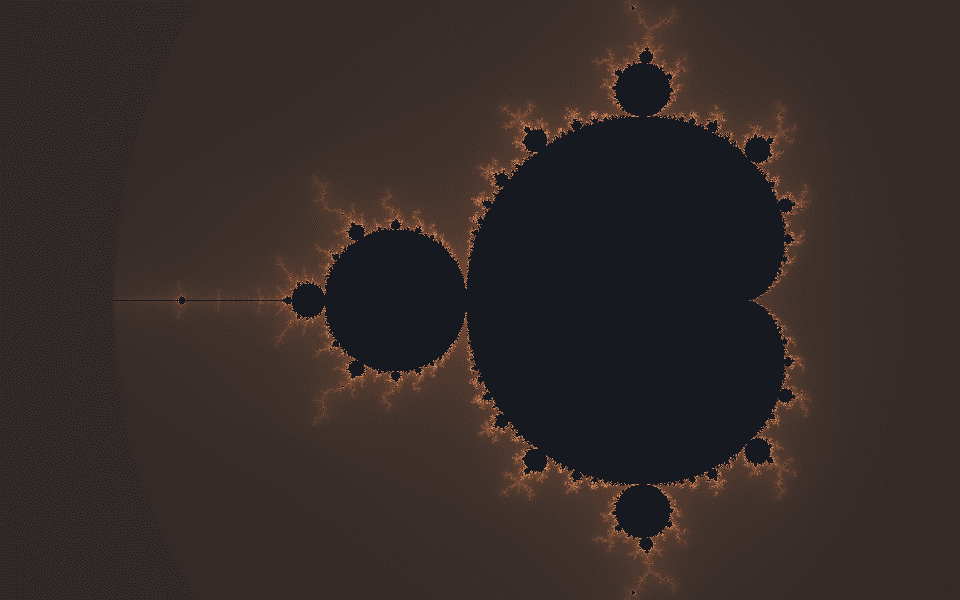 Visualisering av Mandelbrot-mengden i varme krem- og oransjetoner med mørk kjerne. Fraktalens selvliknende struktur illustrerer hvordan AI-bruk i en virksomhet henger sammen på alle nivåer.