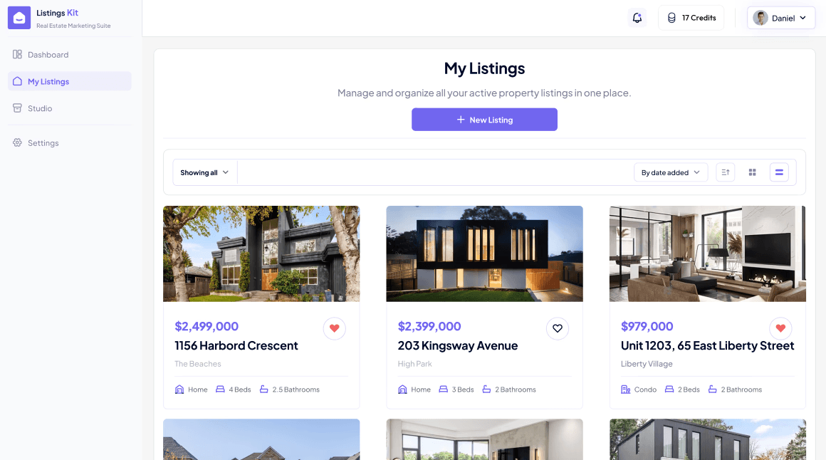 ListingsKit “My Listings” page showing a grid of active real estate properties with prices, addresses, and listing details for agents to manage and organize.