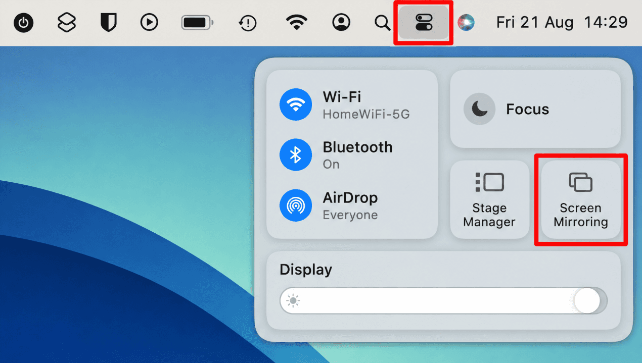 macOS Control Center open from the menu bar with the Screen Mirroring option highlighted, used to connect a Mac to an AirPlay-compatible TV