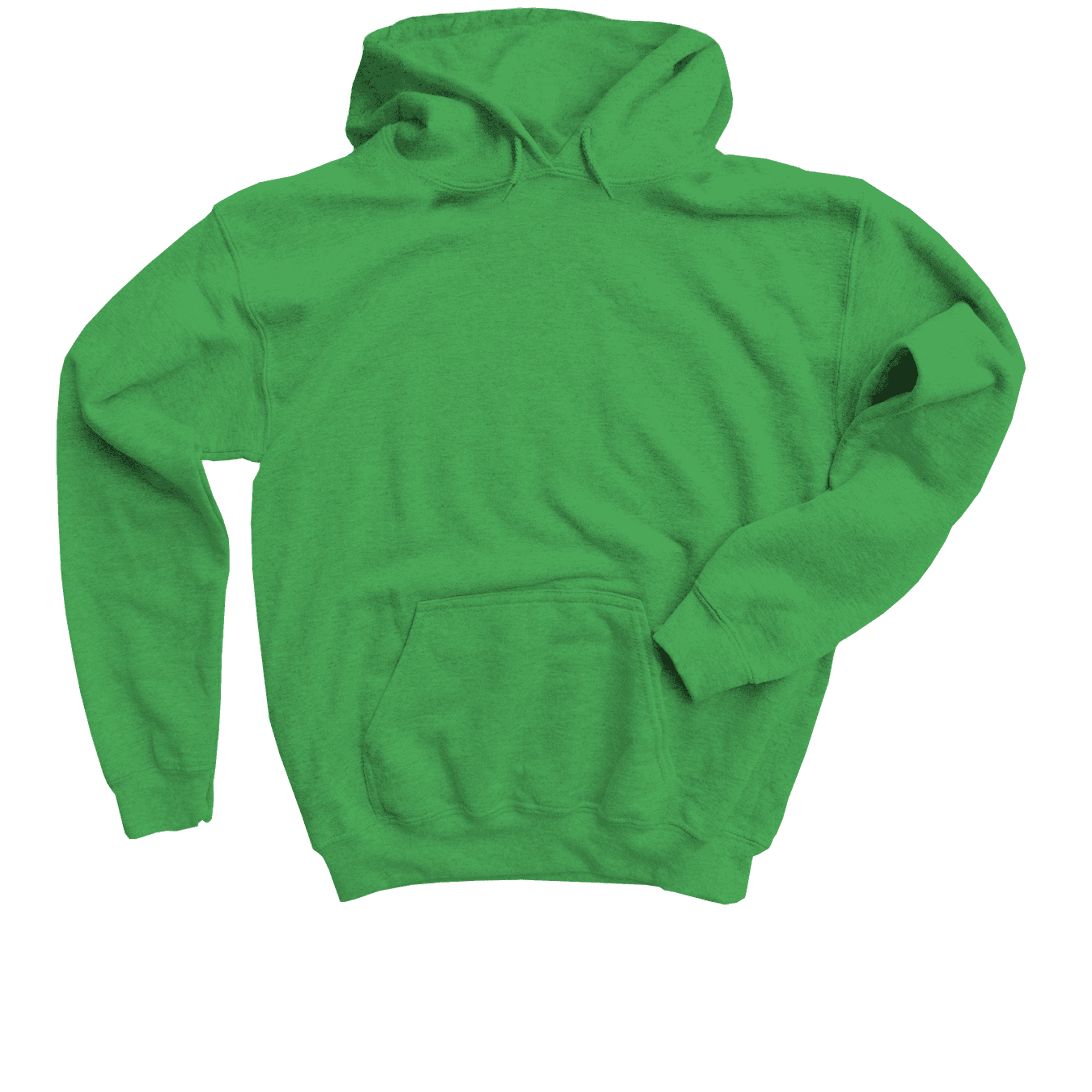 Bright green hoodie sweatshirt, folded on a blue-green background.