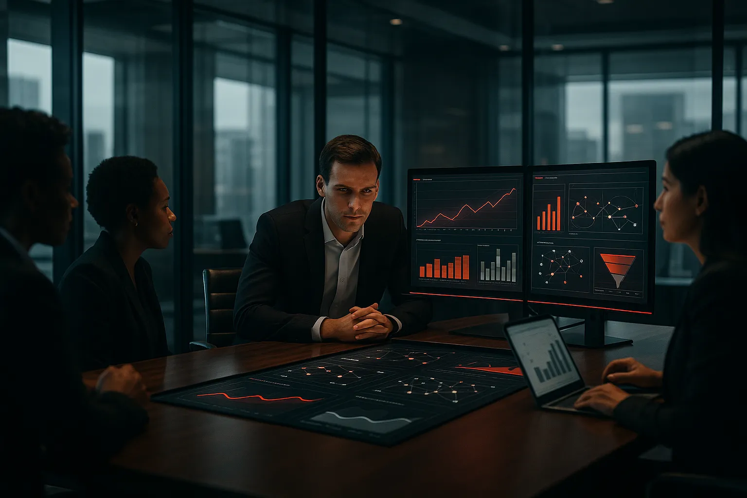Business meeting analyzing graphs at RockN' Socials, a Digital Marketing Agency.