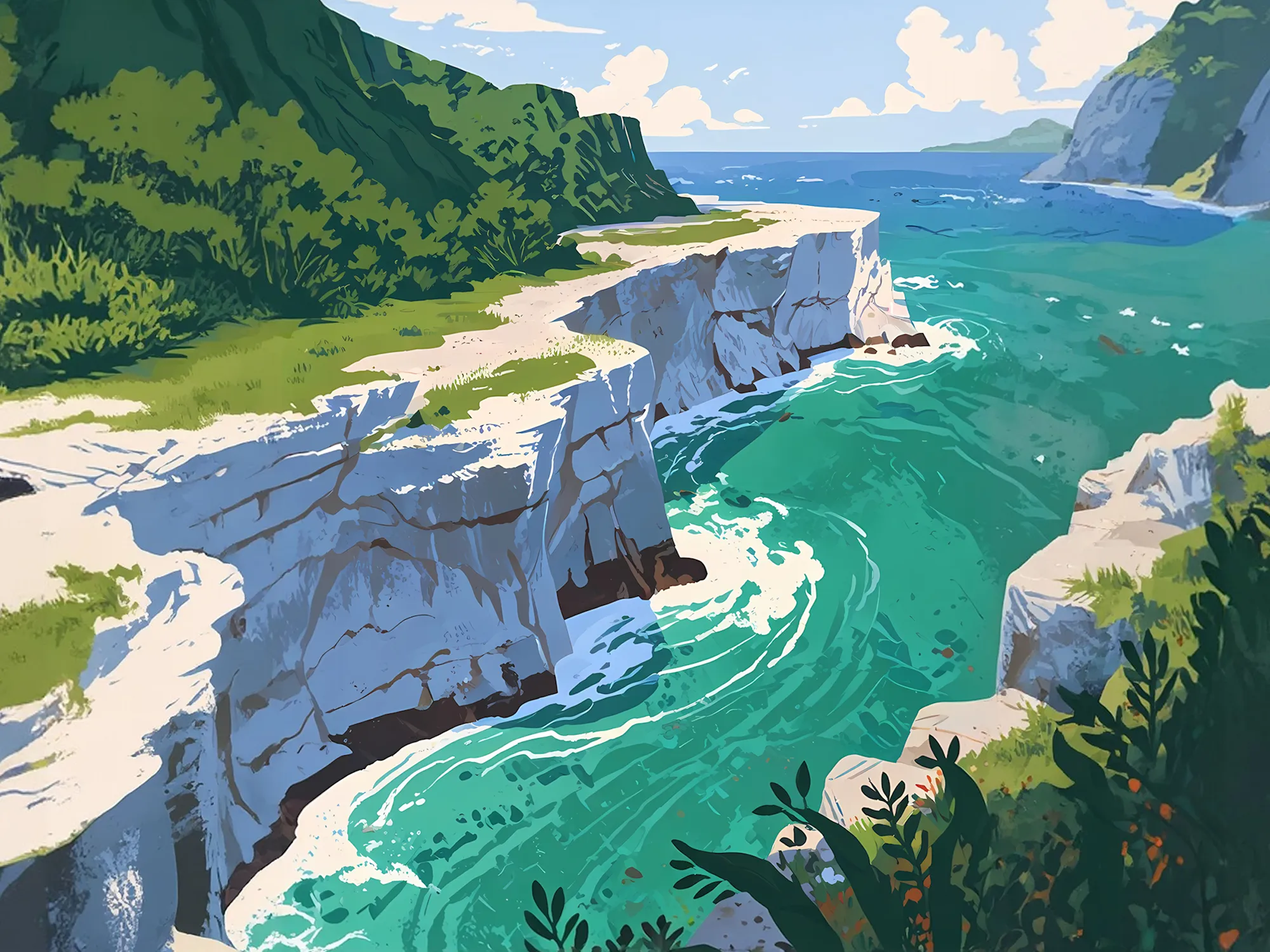 Dramatic coastal cliffs with strong rock formations and clear turquoise water, representing the robust security layers that protect Canadian businesses' payroll data.