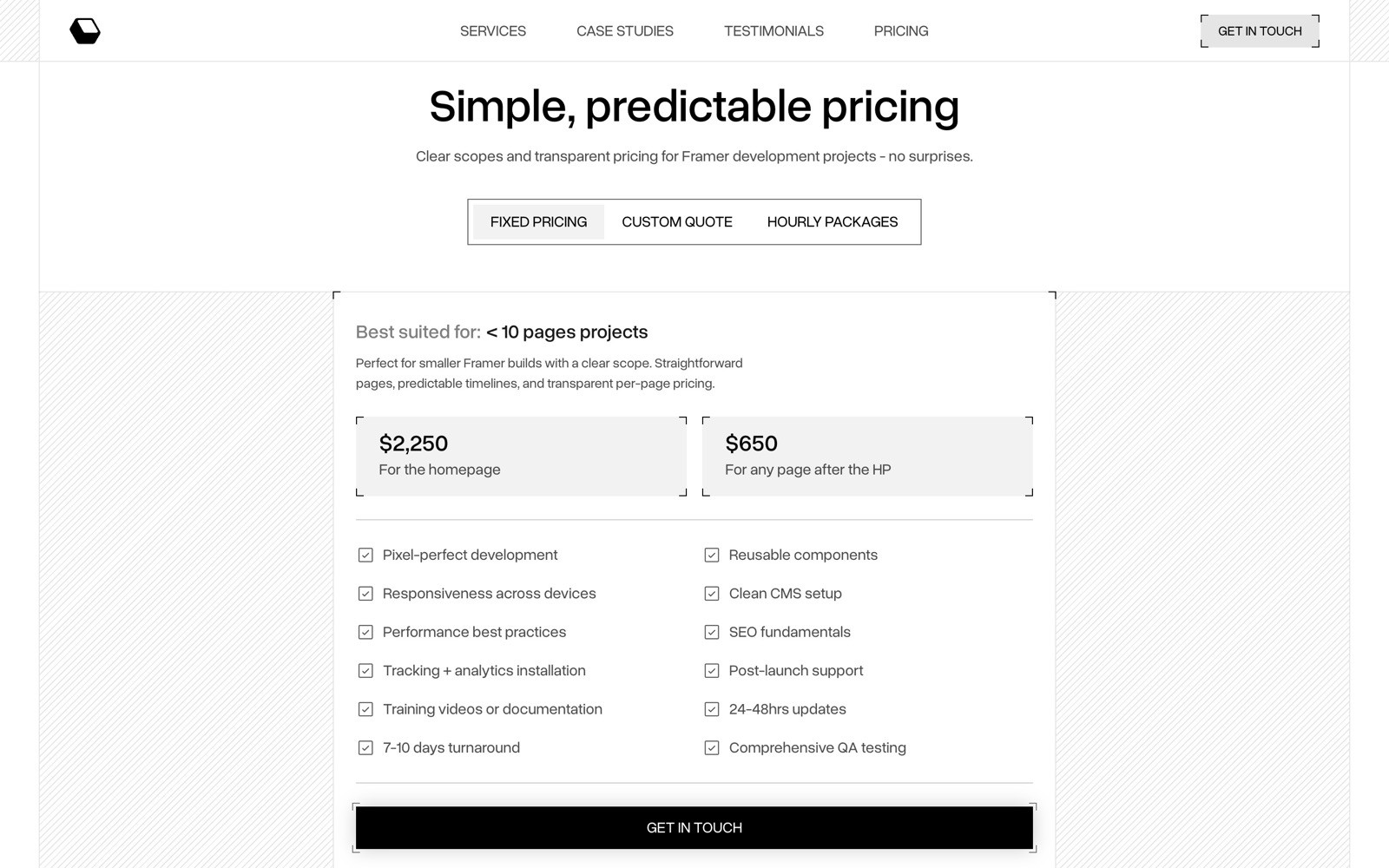 Website pricing page showing fixed costs for Framer development projects: $2,250 for a homepage and $650 per additional page.