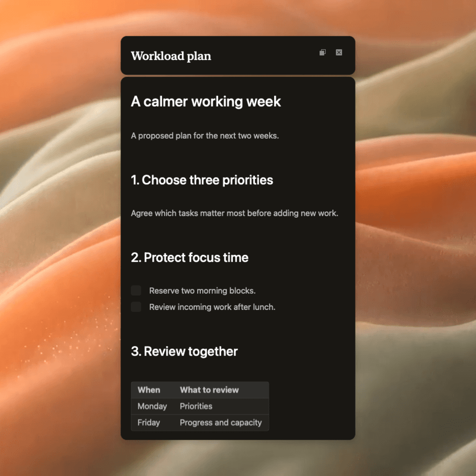 A native Weeve document preview with a fictional workload plan and a proposed review schedule