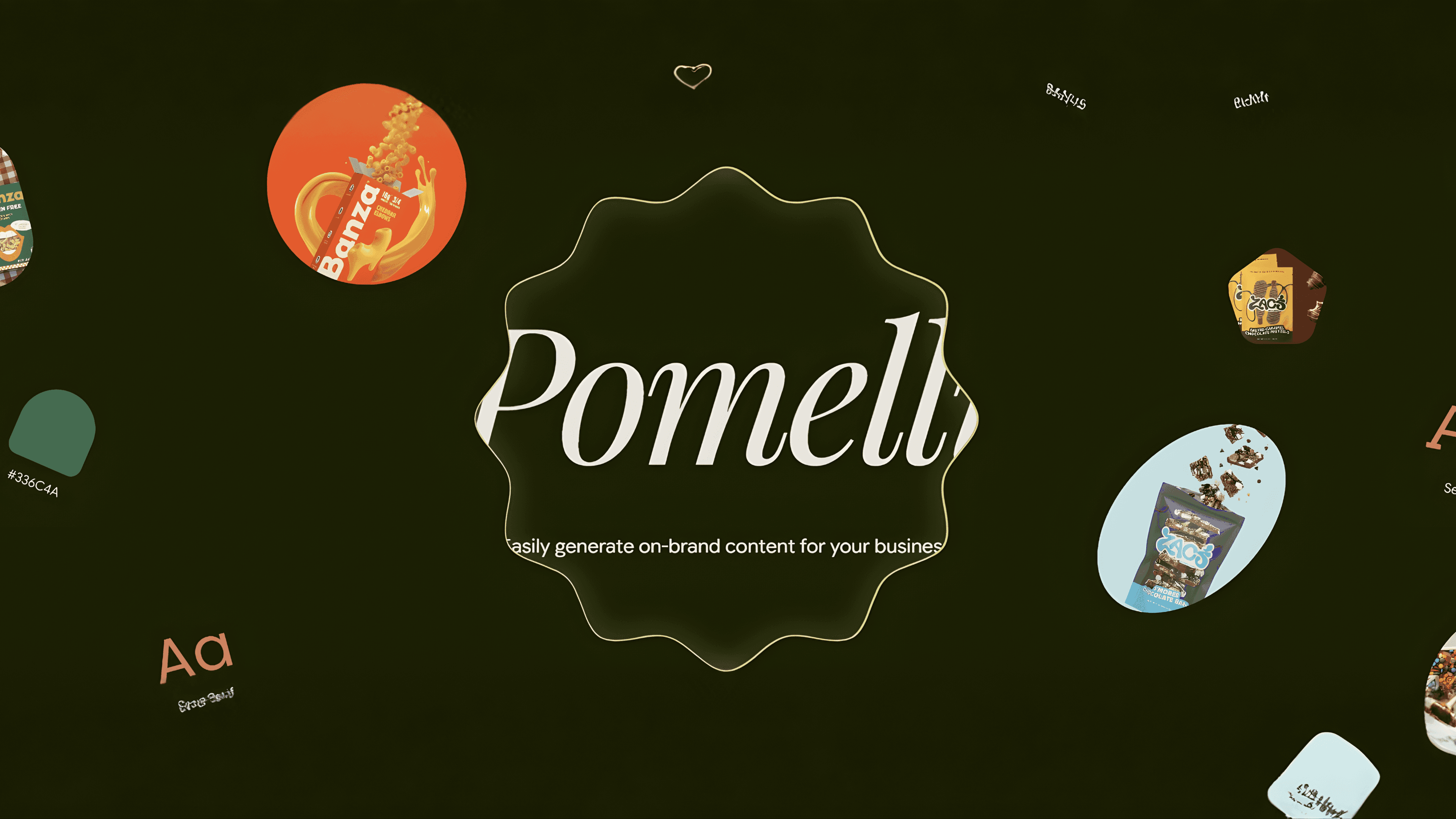Google Pomelli logo centered on a dark background, surrounded by floating brand assets like product packaging, color swatches, and typography samples to illustrate on-brand AI content generation.