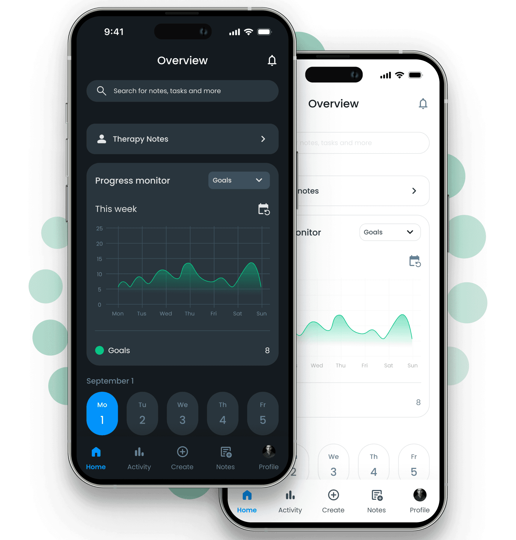 2 iPhone devices showing the dark and light version of the Notes For Therapy app.