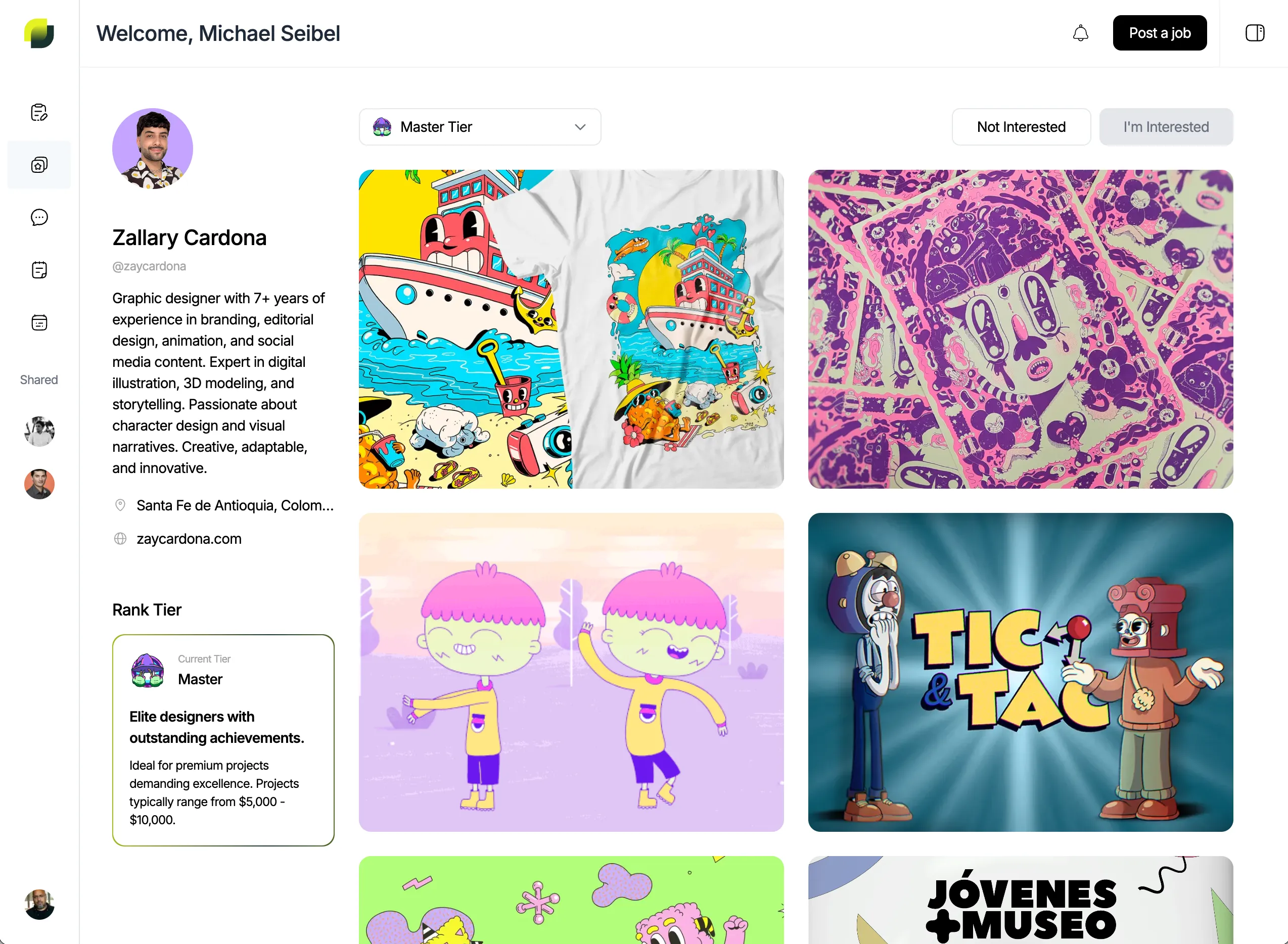 Ejemplo de coincidencias seleccionadas en Honter con perfiles de diseñadores y muestras de proyectos