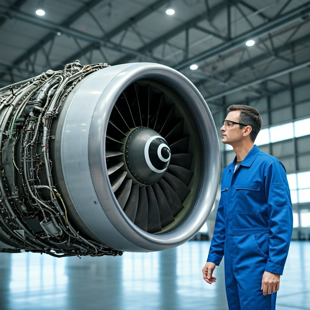 An image of an engineer inspecting a jet engine