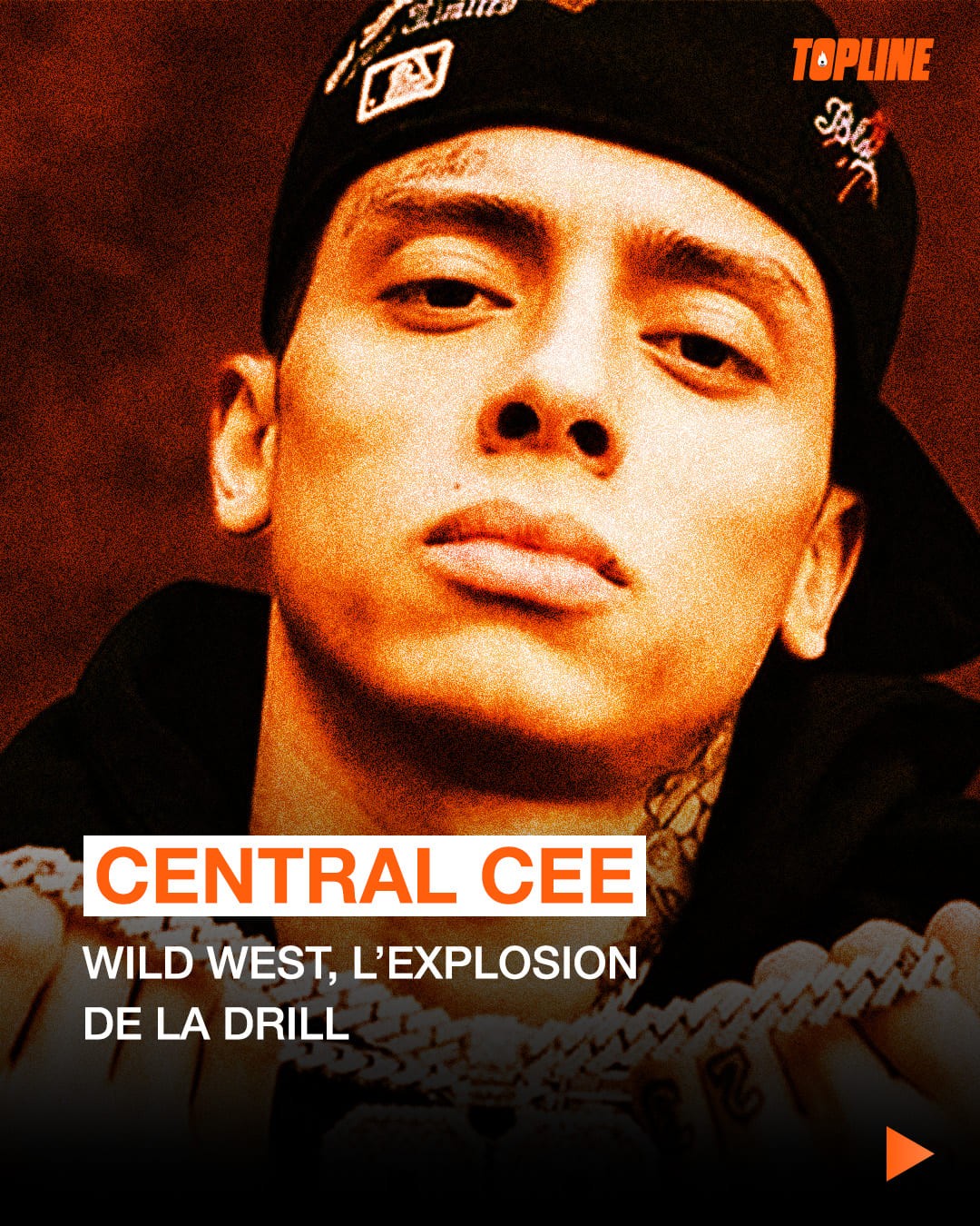 Exemple de post pour les réseaux sociaux du média musical TopLine, portant sur le rappeur Central Cee et le thème de la Drill. Le visuel est un portrait rapproché de Central Cee, tourné vers l'avant, avec une casquette et de grosses chaînes en or ou diamants. L'image est traitée avec un effet de couleur chaude, 'brûlée' ou sépia intense, conférant une ambiance dramatique. Le titre 'CENTRAL CEE' et le sujet 'L'EXPLOSION DE LA DRILL' sont affichés en typographie audacieuse blanche et orange. Ce post est conçu pour l'analyse et la promotion de contenu rap/Drill, illustrant l'expertise de Nux-Studio en direction artistique de contenu digital percutant et en graphisme pour l'actualité musicale.