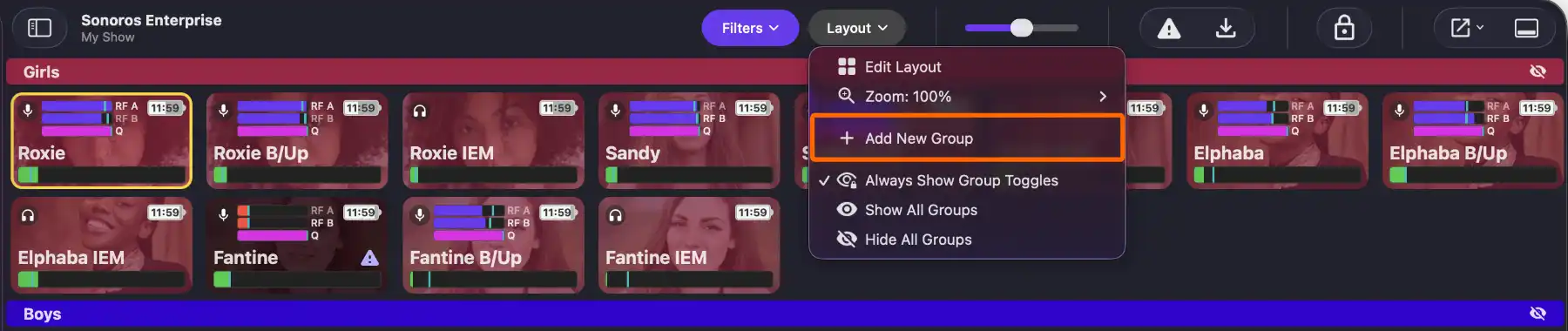 Add groups from the layout menu