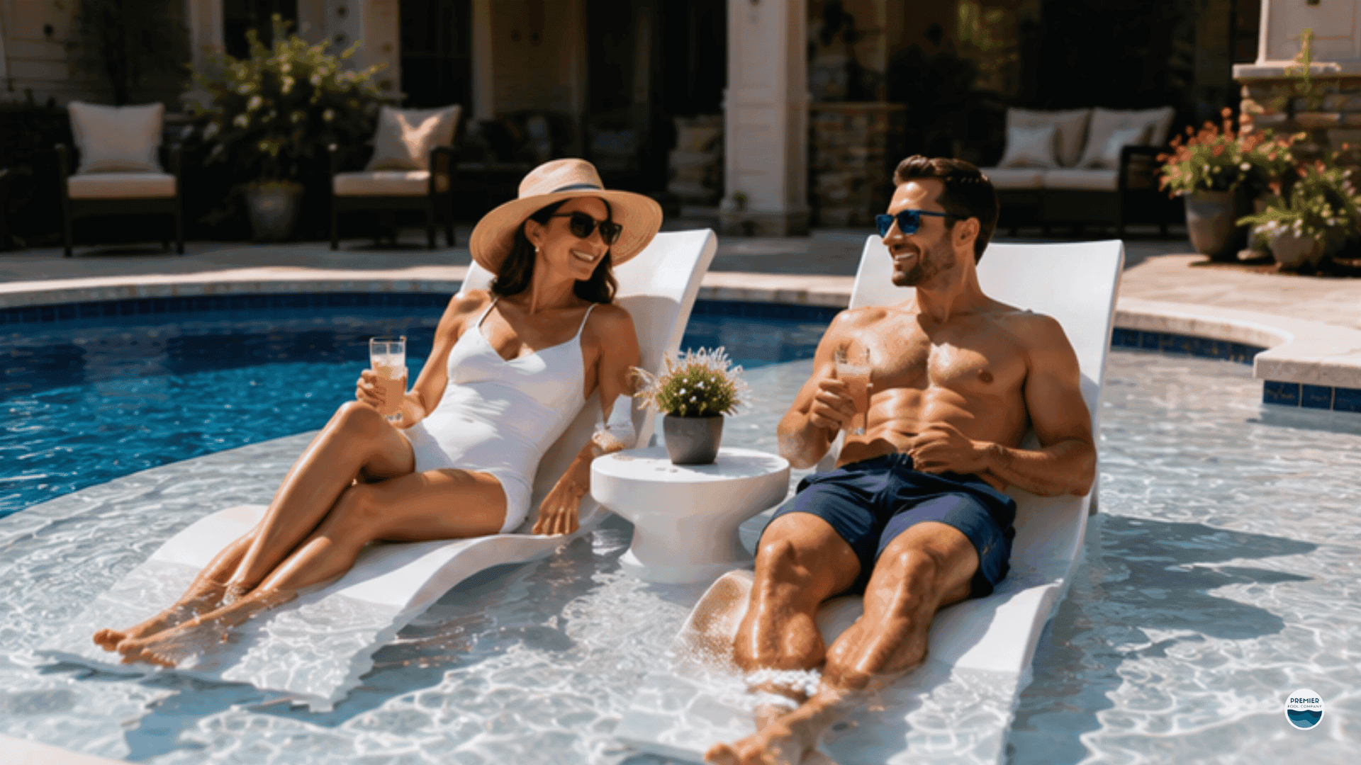 Couples enjoying a fiberglass pool tanning ledge