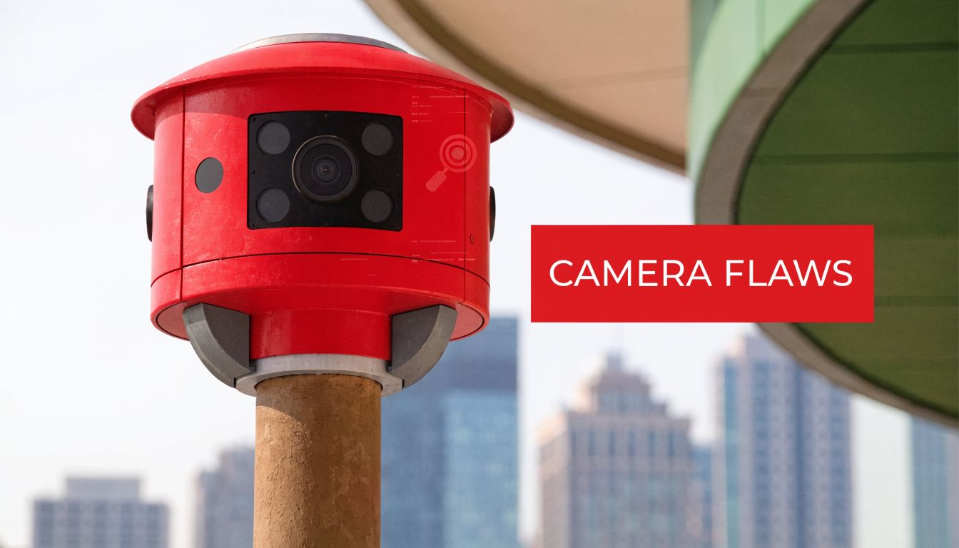 A red panoramic street view camera mounted on a pole against a blurred city skyline background.