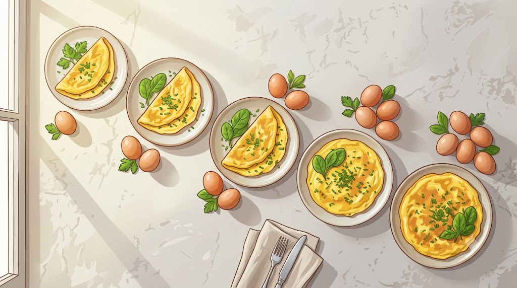 An overhead flat lay photograph capturing five golden, folded omelettes arranged neatly in a row on a clean, light grey stone kitchen countertop, progressing from smallest to largest with corresponding groups of brown hen eggs next to each, subtly garnished with spinach leaves and parsley.
