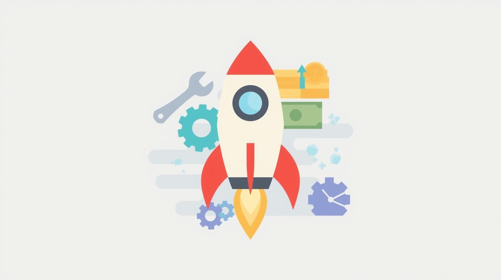 Flat vector illustration showing a small rocket (MVP) being built from simple geometric parts using tools (wrench, gear) symbolizing lean, do-it-yourself product creation. No cash or coins in the image. Modern startup colors, minimal composition