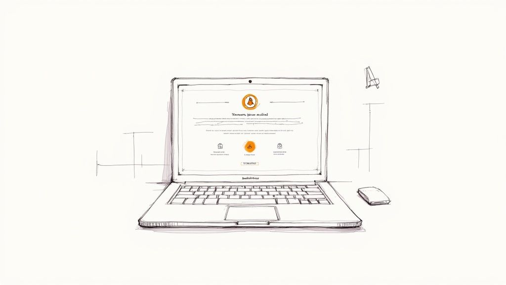 Hand-drawn sketch of a laptop displaying a website interface with an orange logo and a computer mouse.