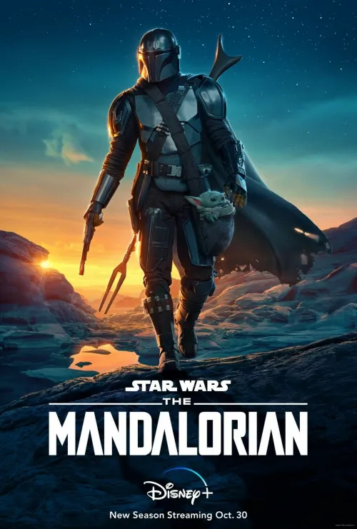 Poster featuring The Mandalorian holding Grogu (Baby Yoda) on his hip with a sunset in the background