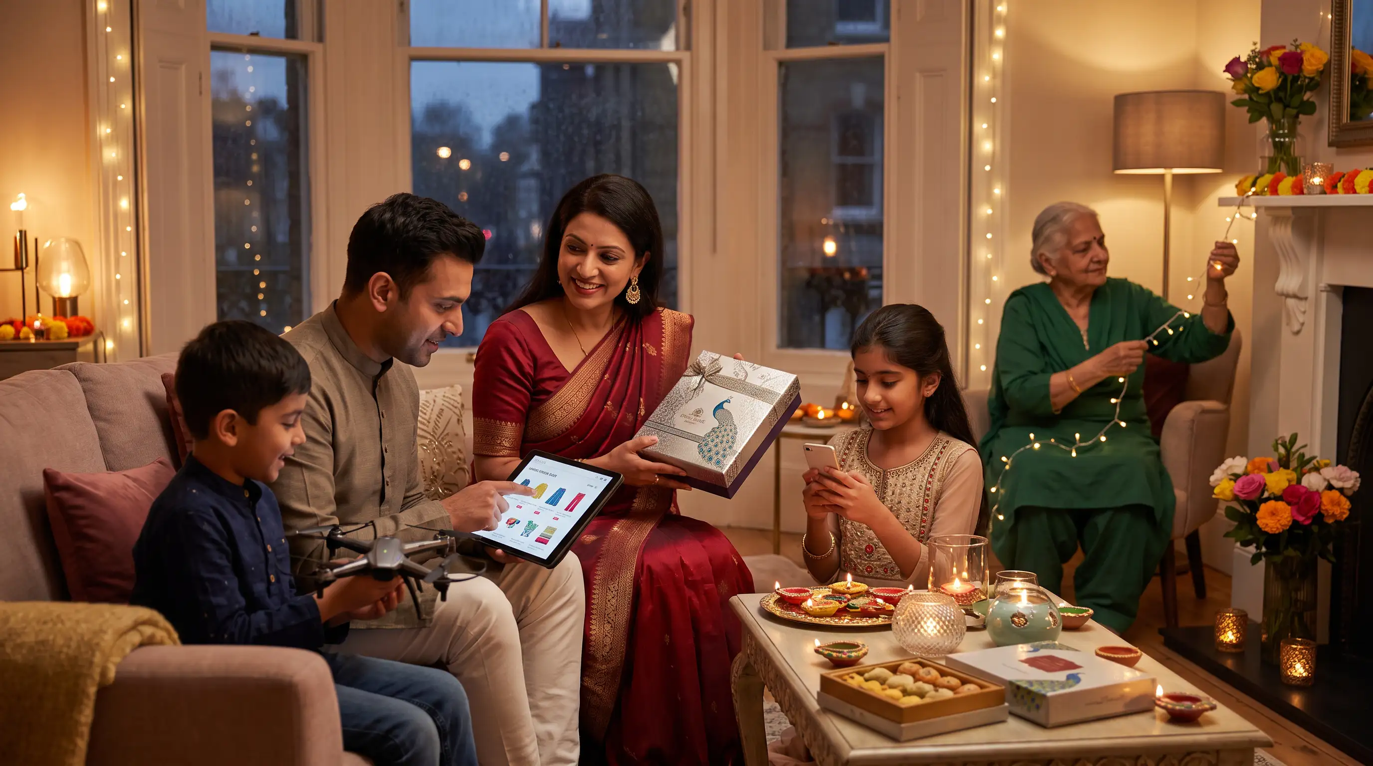 British Indian family celebrating Diwali at home shopping for gifts online with diyas sweets and fairy lights in London