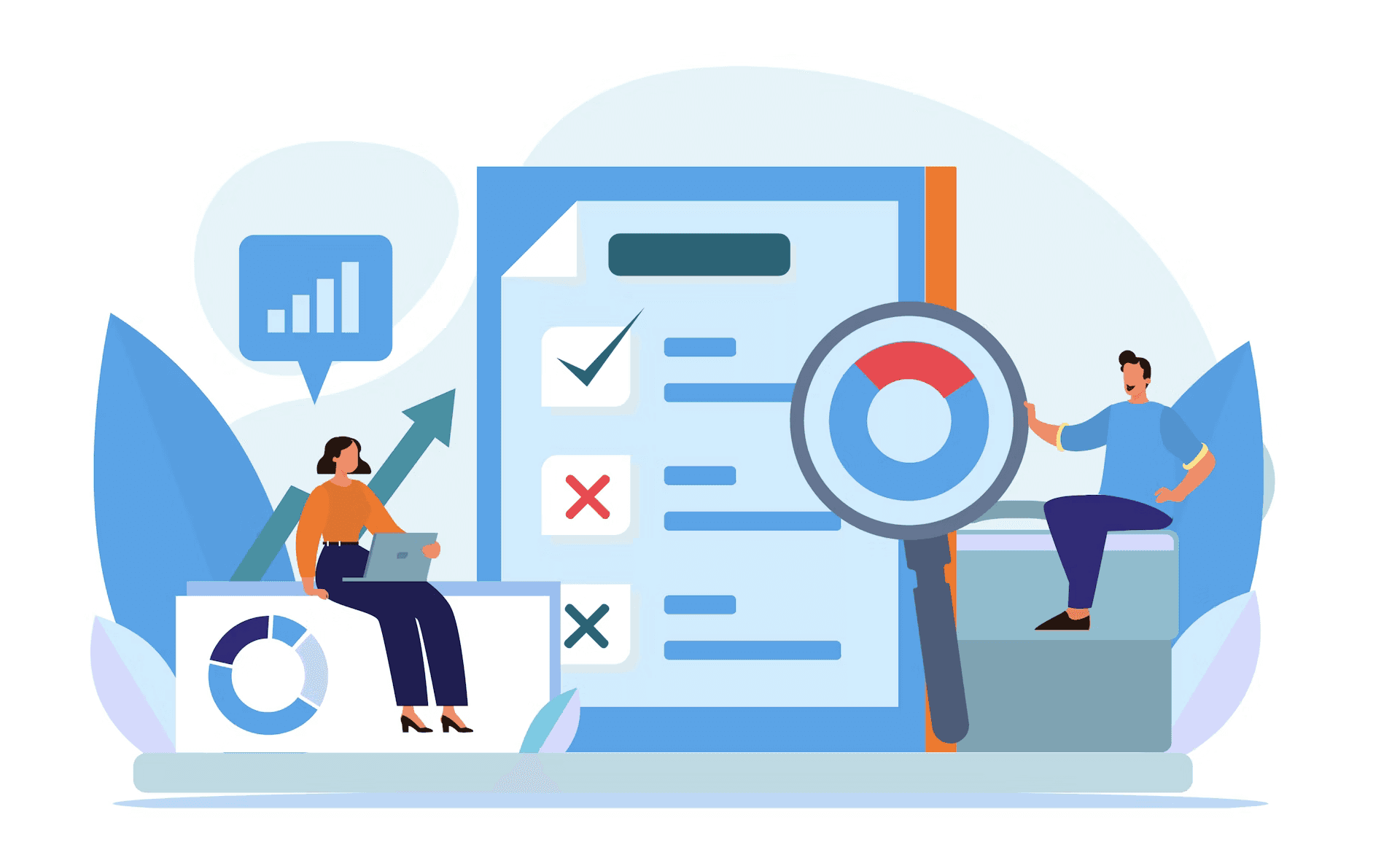Illustration of KPI and analytics reporting with business charts, performance metrics, checklist tracking, and data analysis tools for project management and decision-making.