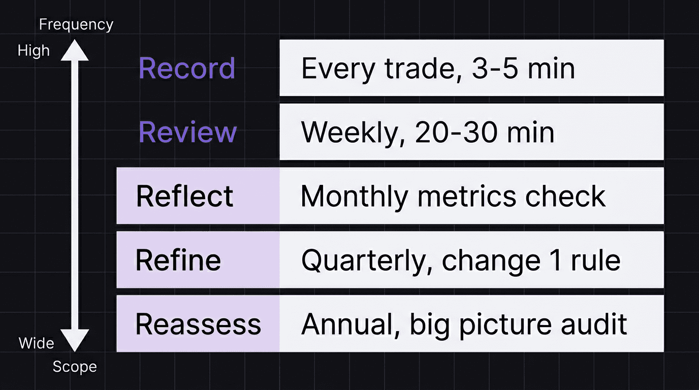 Diagram showing the 5R review cadence from daily recording through annual reassessment
