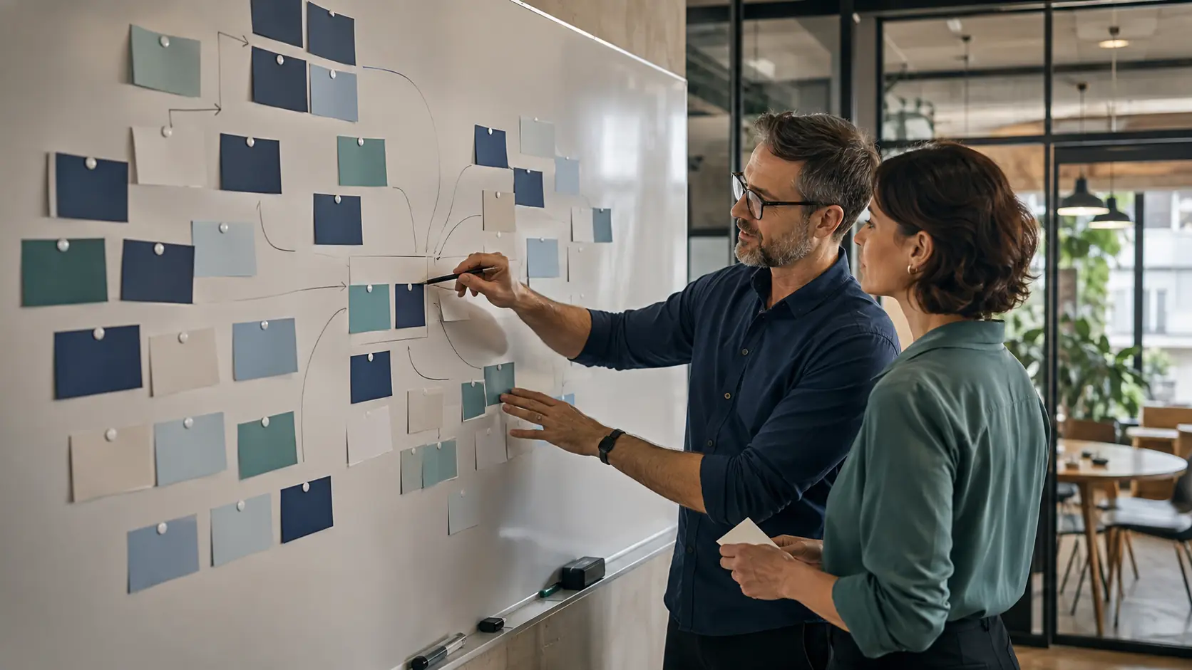 A freelancer and client organizing many unlabeled project cards into one coherent workflow on a whiteboard.