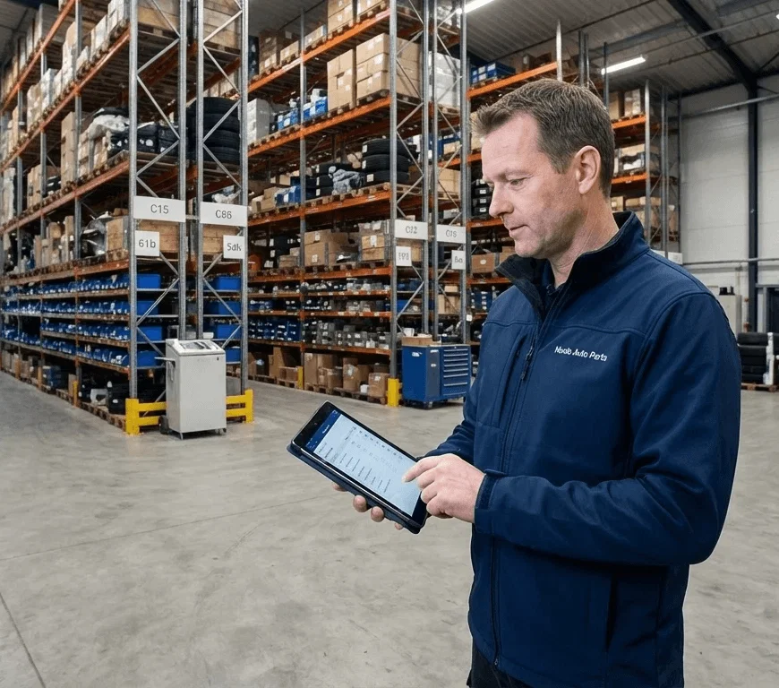 Man using a tablet in a warehouse filled with tires and shelves.