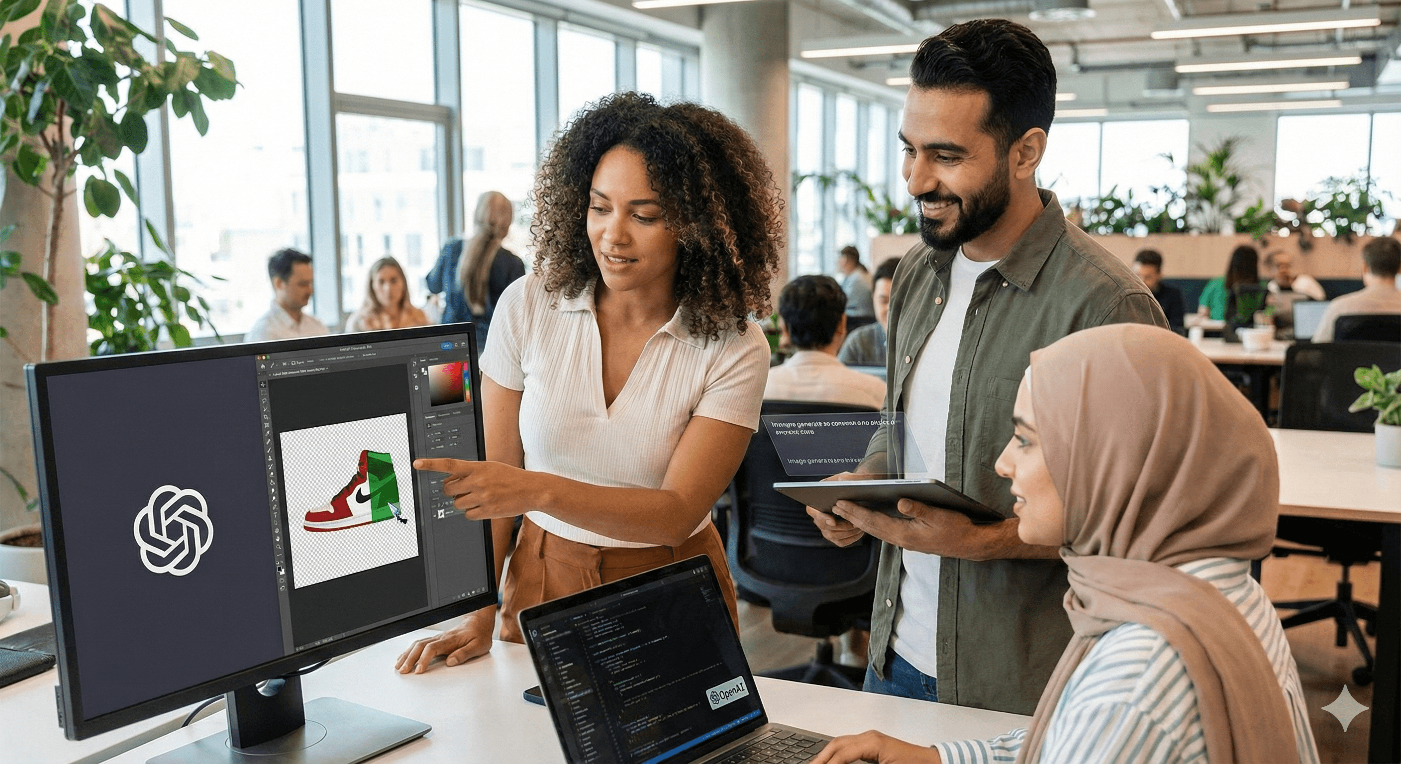 A diverse group of professionals collaborates around a computer in a modern office space, with one person pointing at a screen displaying design software featuring a sneaker and a distinctive spiral logo, embodying teamwork and creativity in technology settings, related to ChatGPT 1.5 Images.