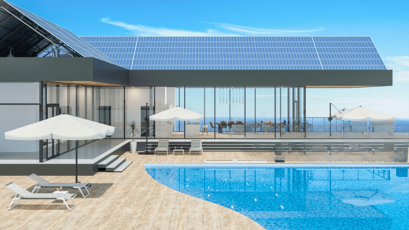Futuristic smart pool with AI features, solar heating, and self-cleaning surfaces for sustainable outdoor living