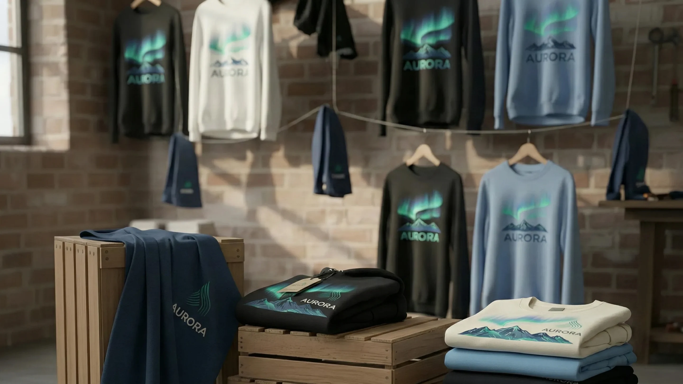 An assortment of Aurora-branded apparel items featuring mountain and aurora graphics, displayed on hangers and wooden crates in a studio setting.