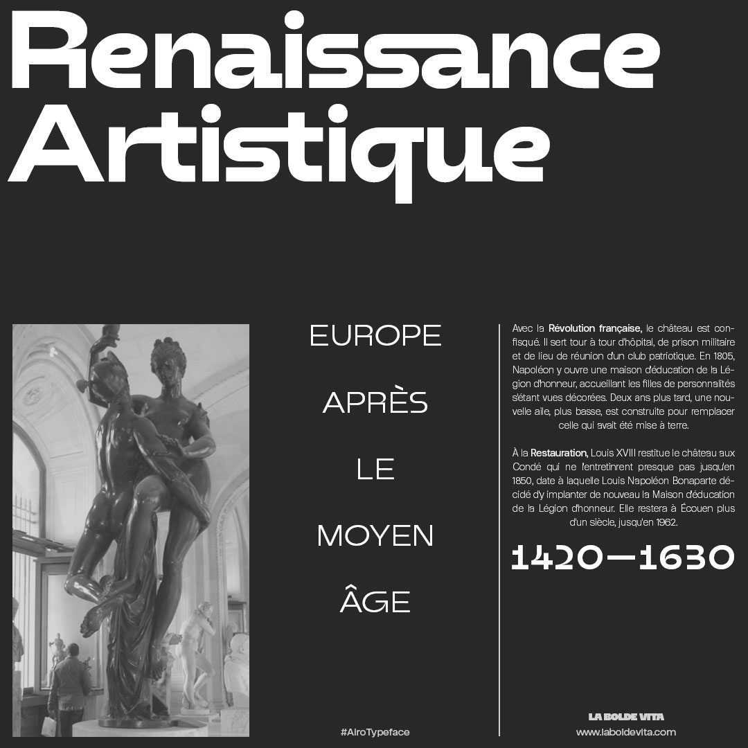 Renaissance inspired black and white type specimen showcasing airo display
