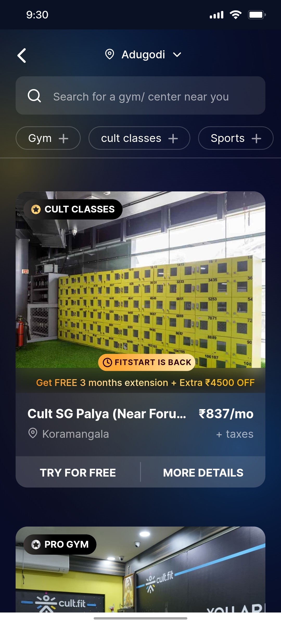 Cult.fit App Search Location Screen