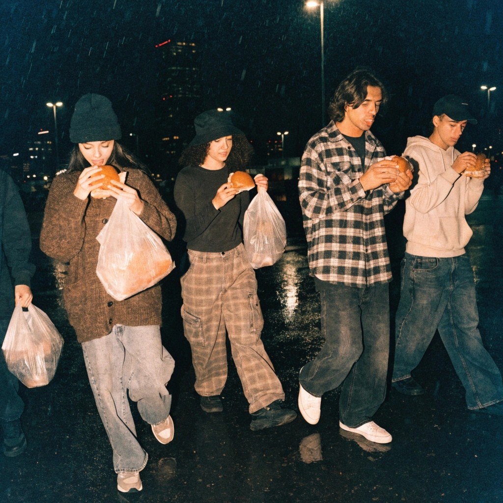 friends walking and eating