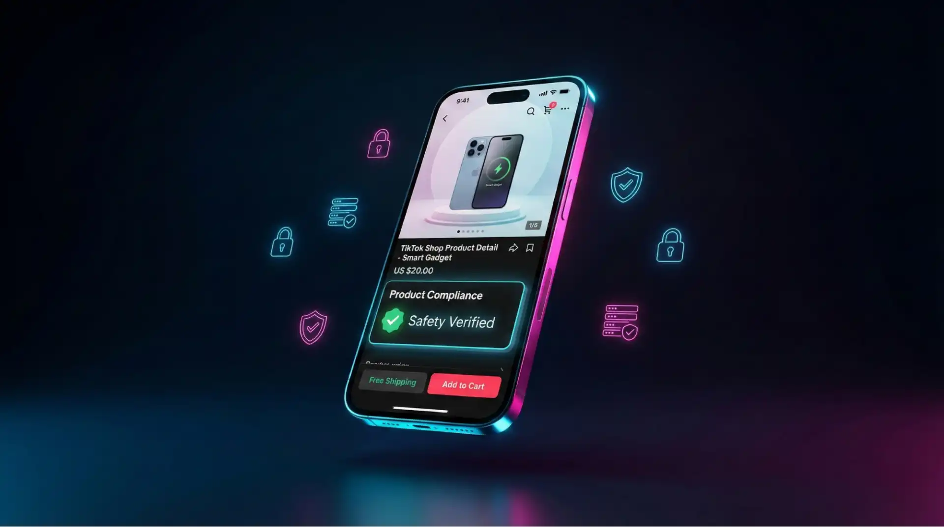 Neon-lit smartphone displaying an optimized TikTok Shop Product Card with trust badges and high conversion elements.