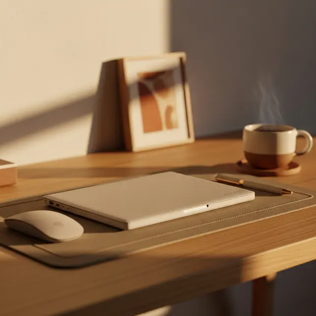 Minimalist home office desk with laptop and coffee cup in warm sunlight - Energy State individual work format