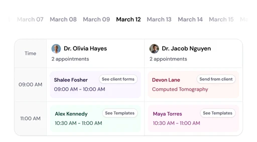 Mockup of a veterinary appointment schedule