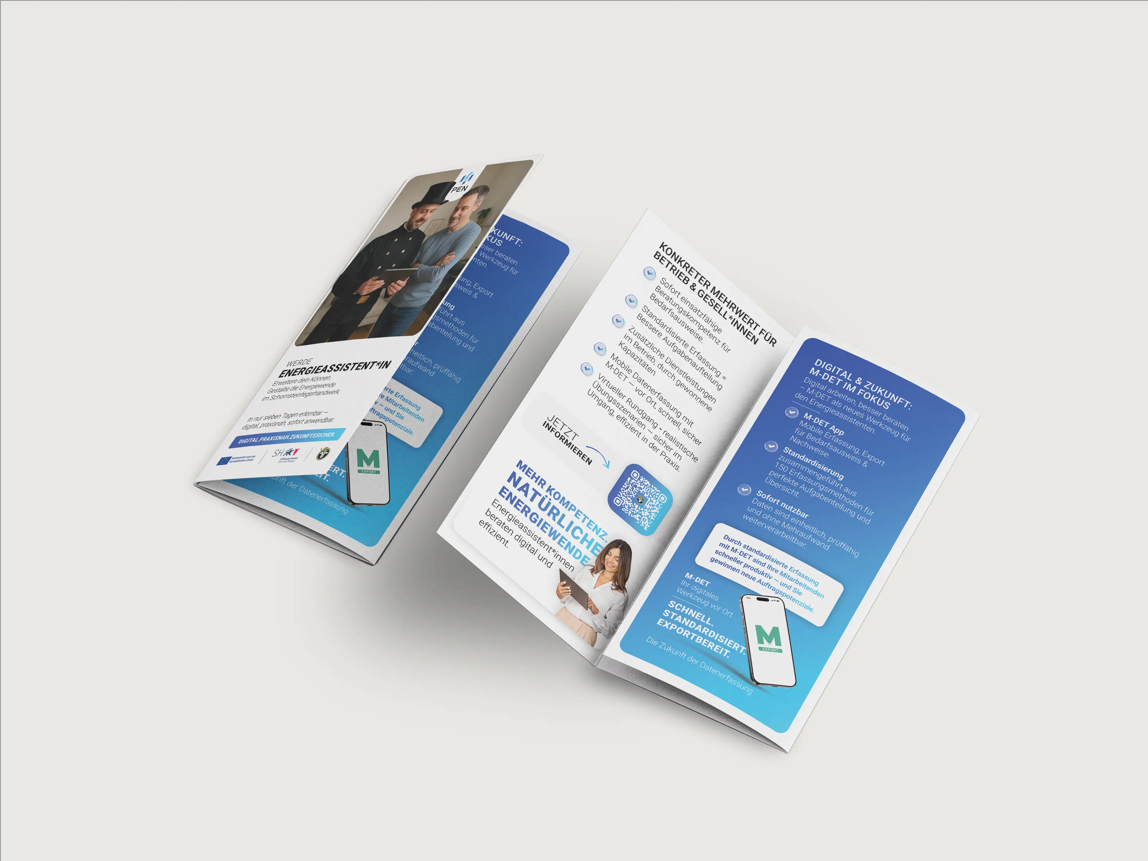 Innenseite des Energieassistenten-Flyers zum Mehrwert für Betrieb und Gesellen sowie M-DET im Fokus