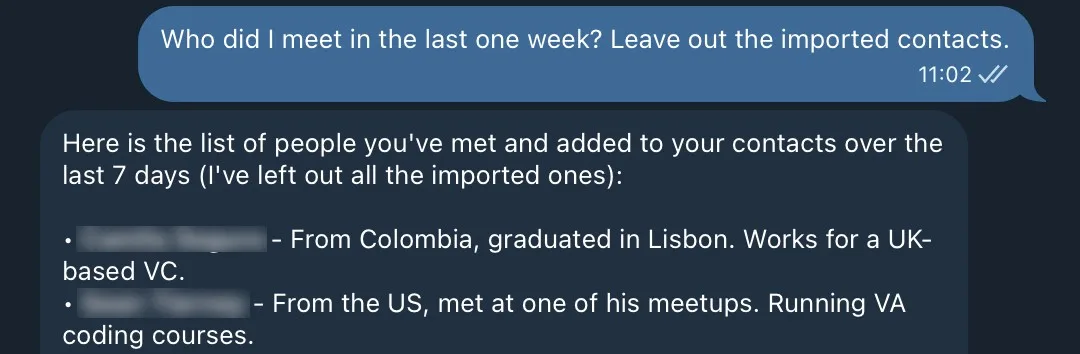 Lana AI answering the natural language query "Who did I meet in the last one week?" with a structured list of contacts and summaries