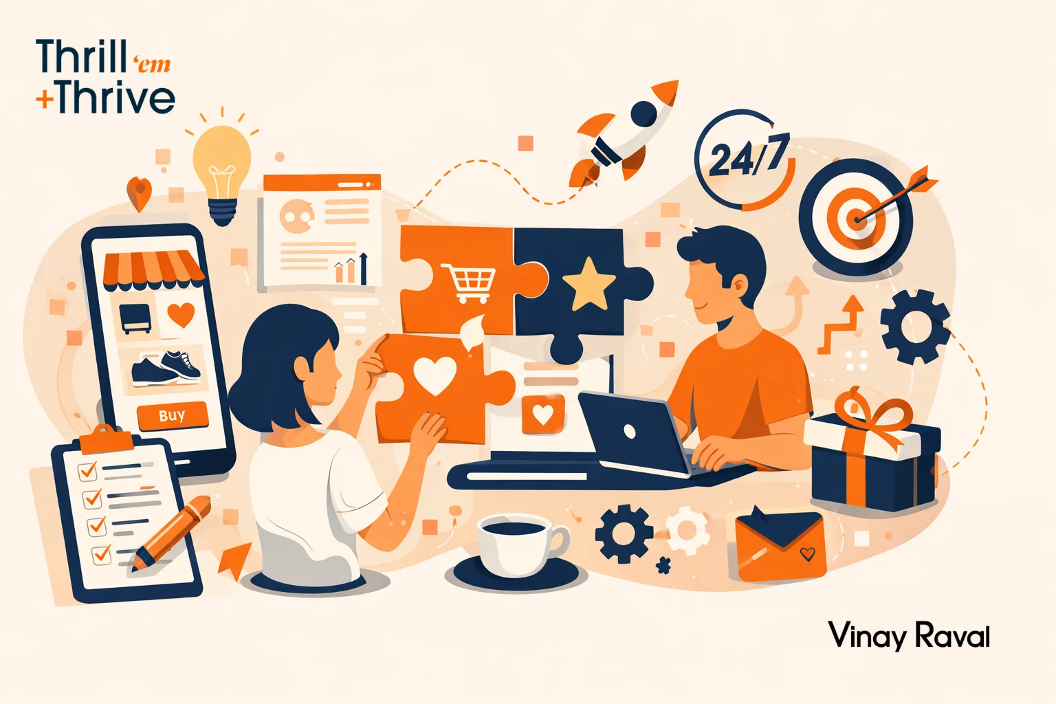 Graphic-of-two-people-collaborating-to-assemble-large-puzzle-pieces-on-a-laptop-screen-representing-digital-strategy-and-problem-solving.