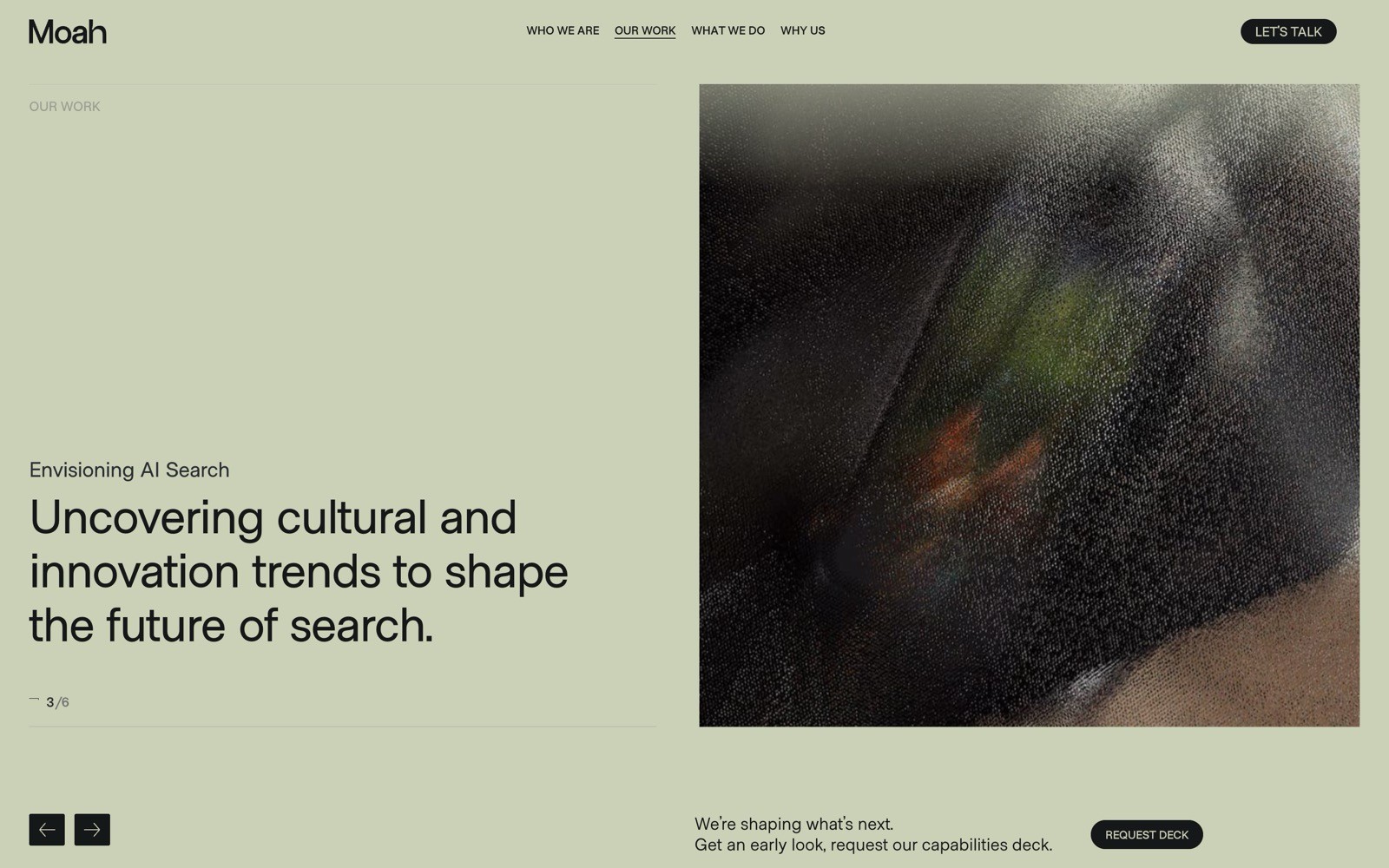 Moah website with text: "Uncovering cultural and innovation trends to shape the future of search." Button: "REQUEST DECK.