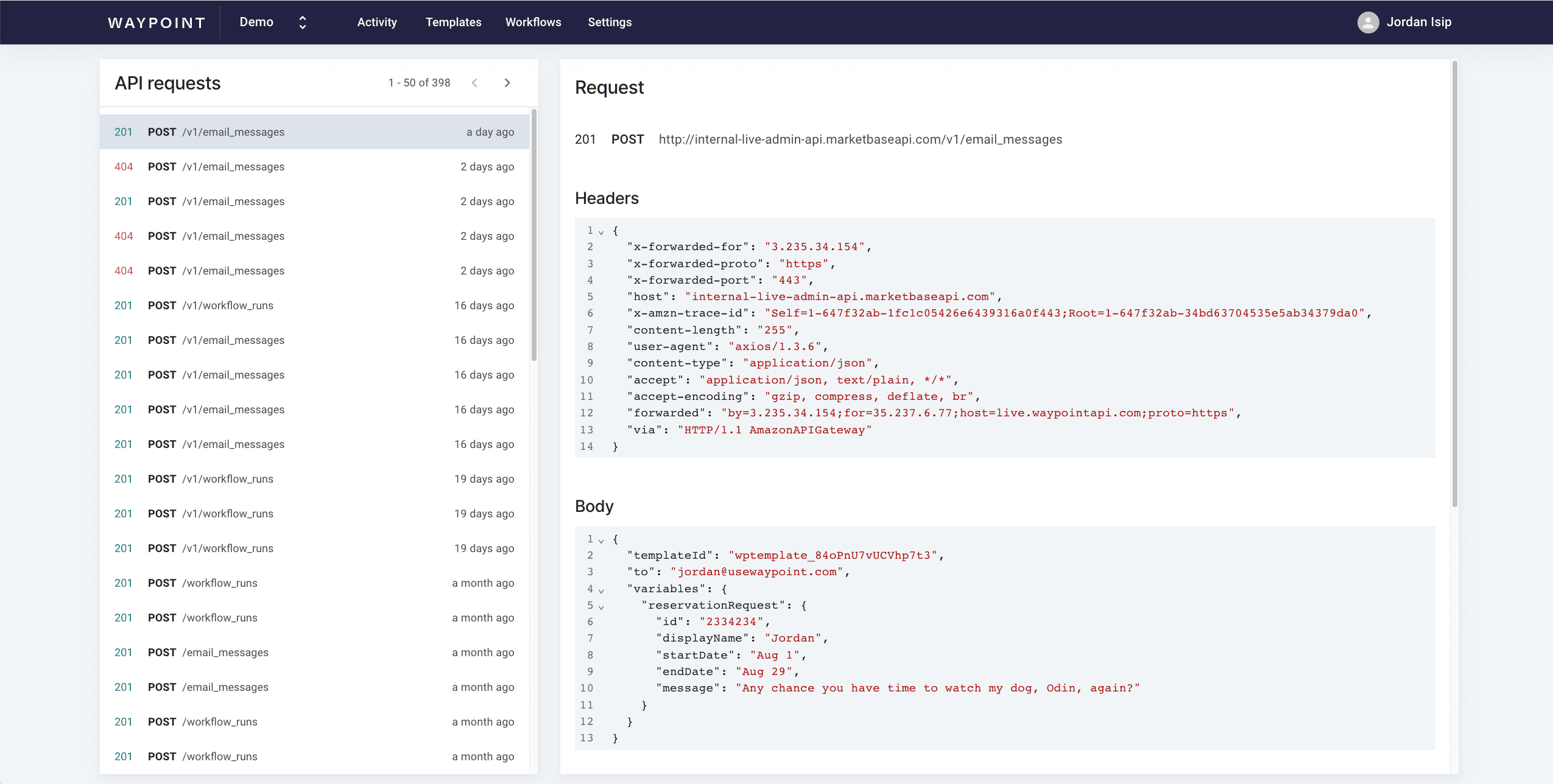 Screenshot of API logs on Waypoint