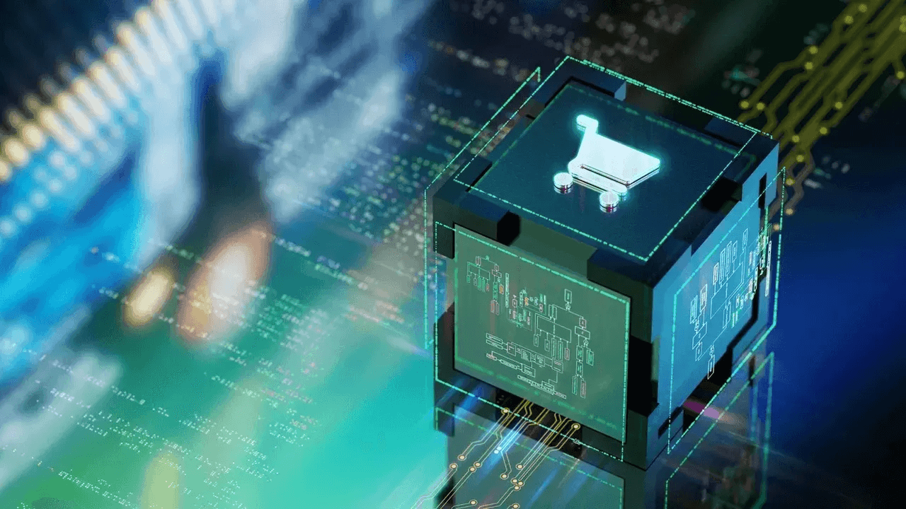 3D digital cube with e-commerce icon on tech circuit background