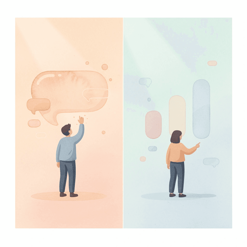 Split scene showing the contrast between textbook learning and confident conversation